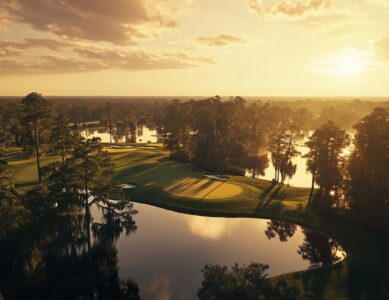 Aerial view of TPC Louisiana with lush fairways and water hazards, showcasing its beauty as one of the Zurich Classic must-visit courses.